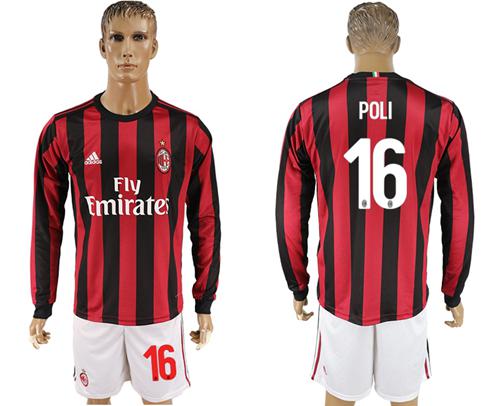 AC Milan #16 Poli Home Long Sleeves Soccer Club Jersey - Click Image to Close